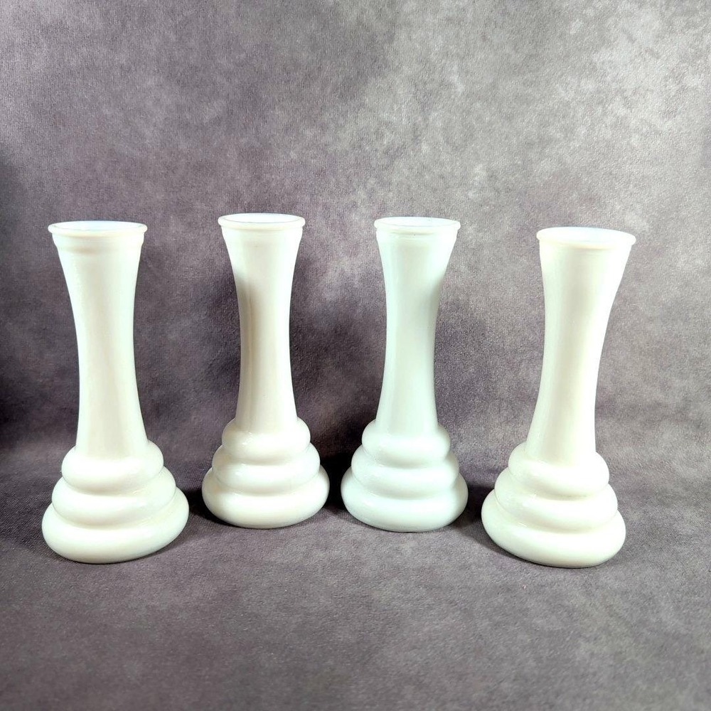 Vtg Set 4 Randall Milk Glass Art Deco MCM 1970s Retro Beehive White Bud Vase